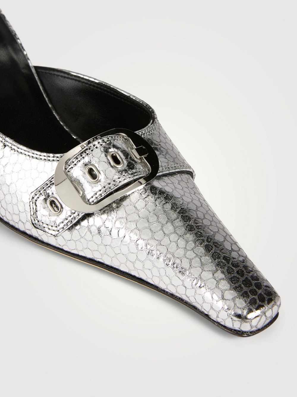 BY FAR 39 Evelyn Metallic Silver Pointed-Toe Mule Heels with Buckle - Picture 5 of 13